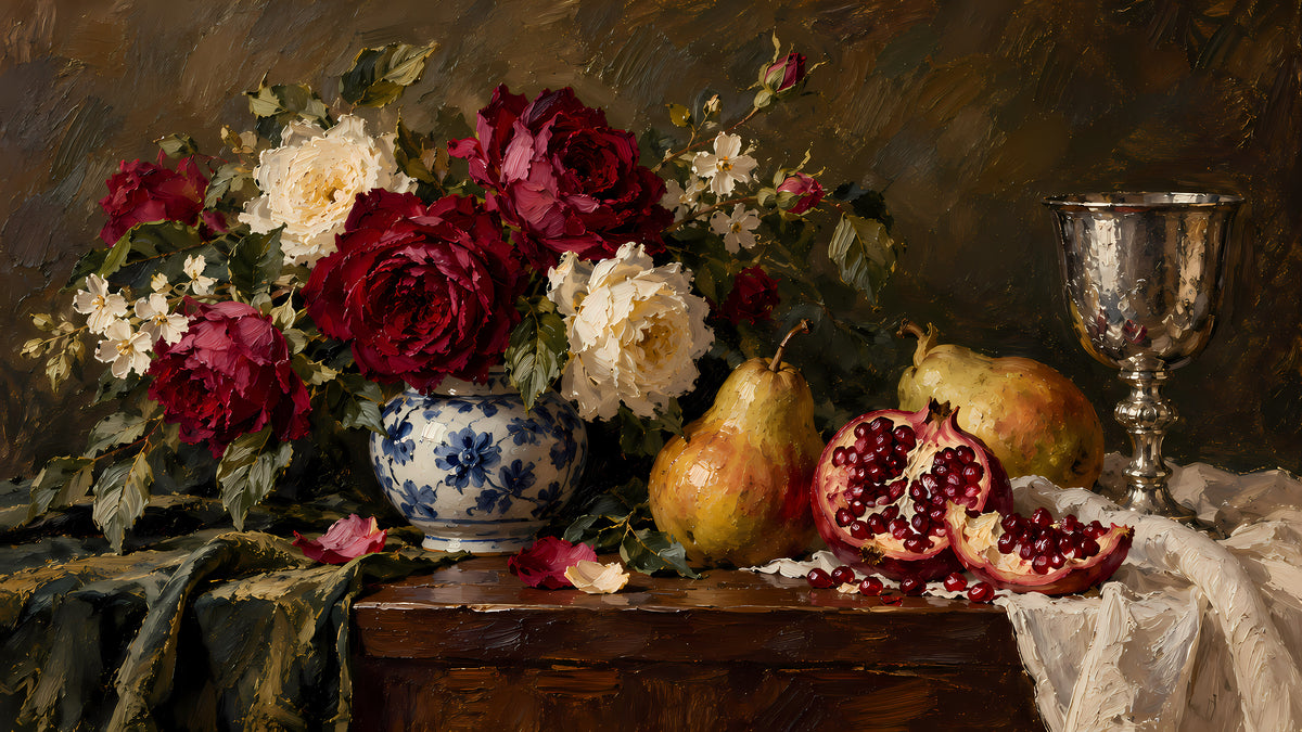Dutch floral still life digital art print cover, richly layered bouquet in a painterly style