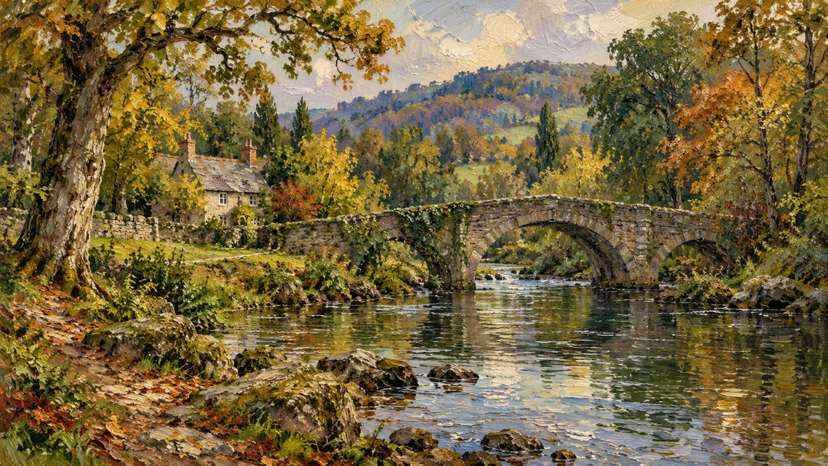 Bring the quiet beauty of an English countryside autumn into your home with this painterly stone bridge, woodland hills, and reflective river.