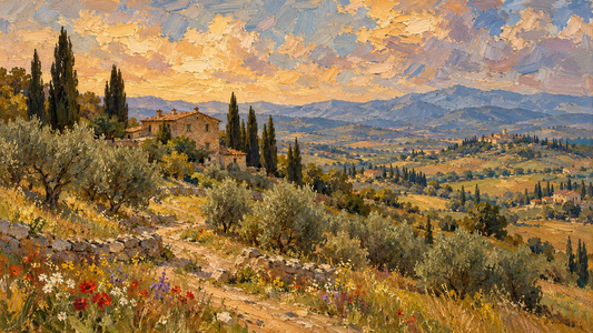 Painterly Tuscan hillside landscape in warm evening light