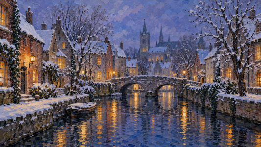 Bring a luminous winter evening to your home with this painterly canal scene, where warm windows and their reflections glow against a snow-dusted town.